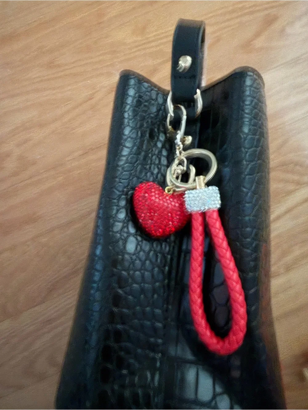 Source Unknown Red Crystal Heart Keychain with Braided Loop and Gold Hardware